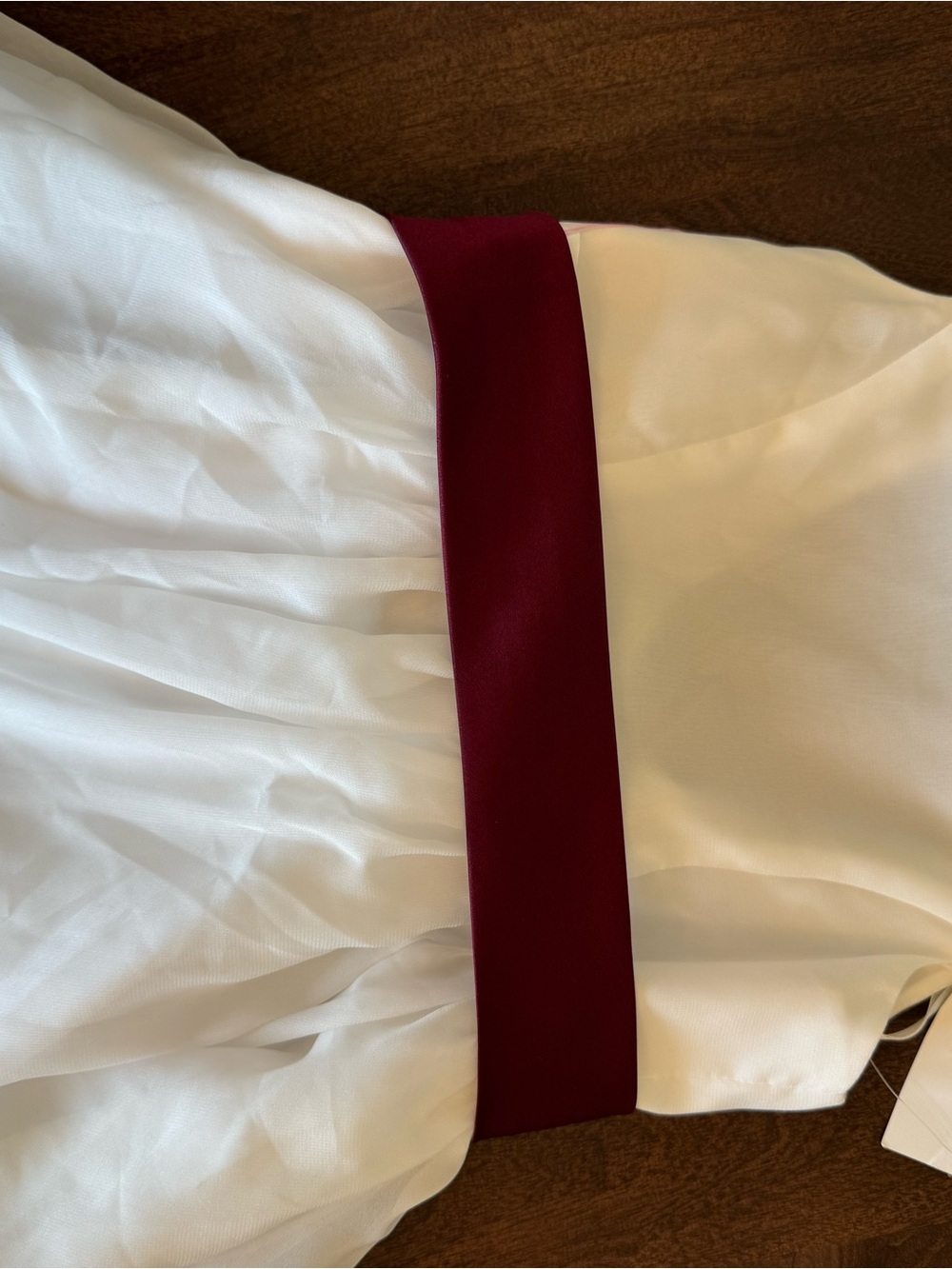 David's Bridal White Flower Girl Dress with Burgundy Sash - Picture 10 of 10